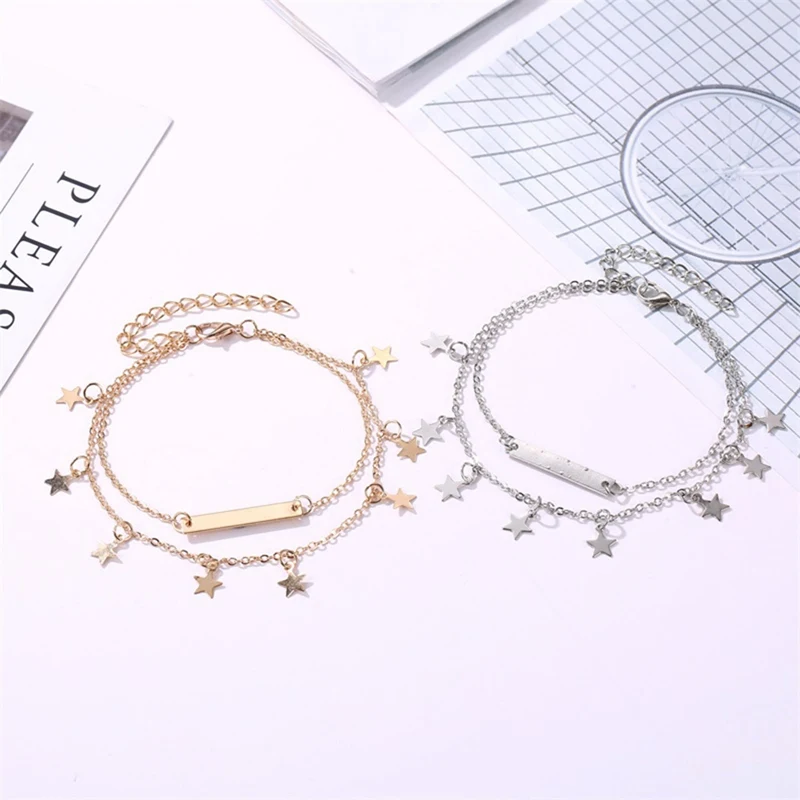 Изысканный двухслойный кулон в виде пятиконечной звезды, женский браслет на щиколотке, золотой браслет на ногу, пляжный ножной браслет для женщин, ювелирные изделия