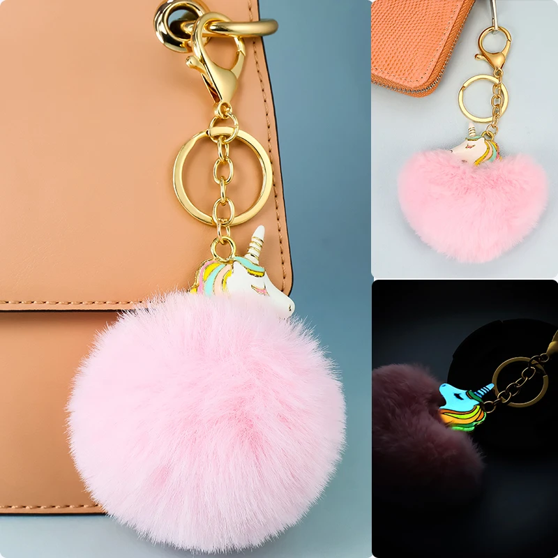 

1Piece Alloy Luminous Unicorn Heart Shape Pompon Keychain Fluffy pompom Key chain Gifts Faux Rabbit Fur Ball Handbag Key Ring