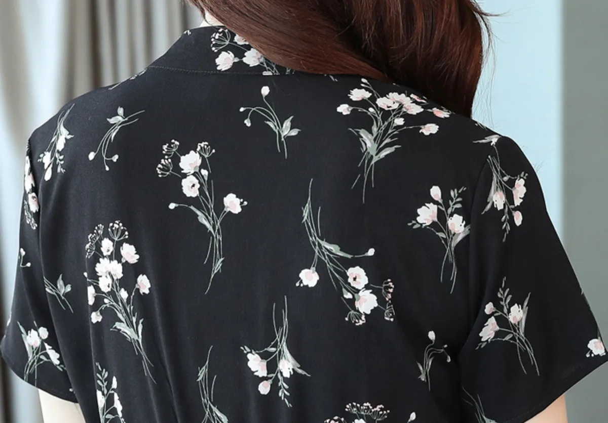 

BacklakeGirls 2021 Office Lady Boho Flower Pattern Women Clothing Black Button Dress Slim Shirt Collar Chiffon Evening Dress