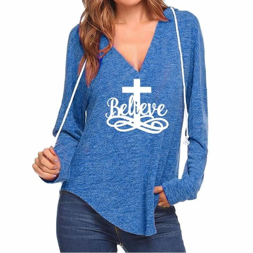 

V-Neck Cotton Hoodies For Women Believe Letters Cross Print Jesus Bible Faith Hoodies Women's Sweatshirt Cute Loose Hoody Autumn