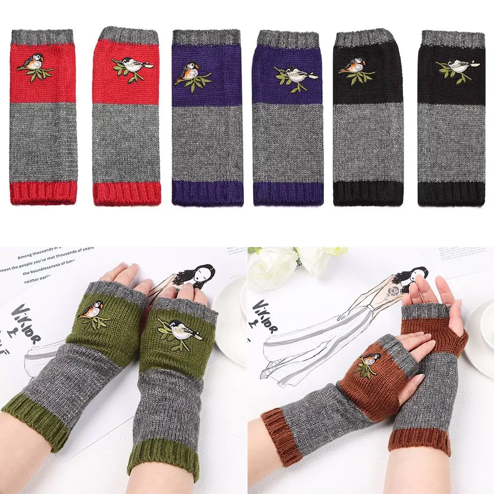 

Fabric Birds Decorations Keep Warm Embroidery Birds Gloves Without Fingers Cotton Mittens Gloves Women Winter Gloves