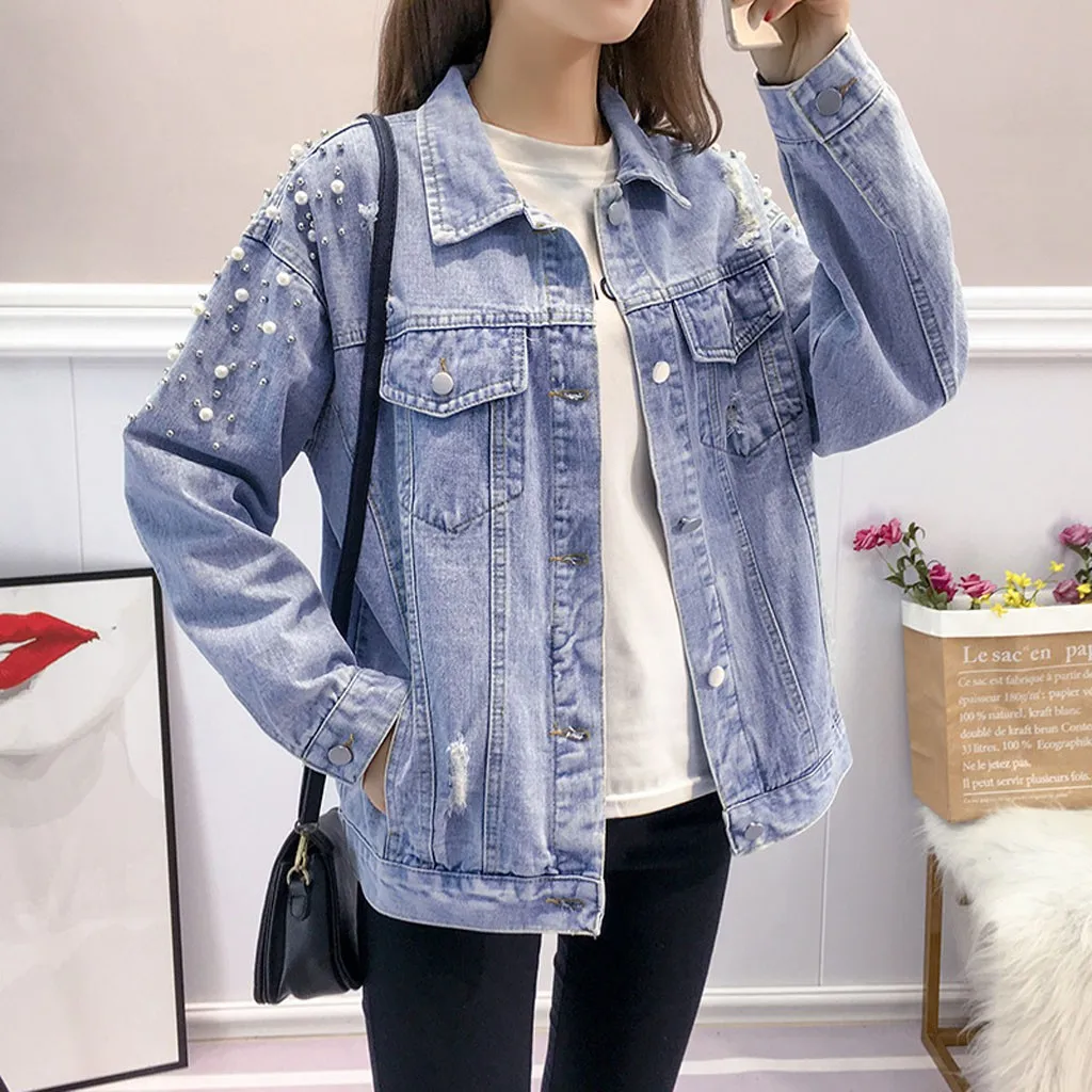 

2021 Spring Pearl Beading Crop Denim Jackets Women Casual Jeans Bomber Jacket Long Sleeve Denim Coat Korean Plus Size 2xl
