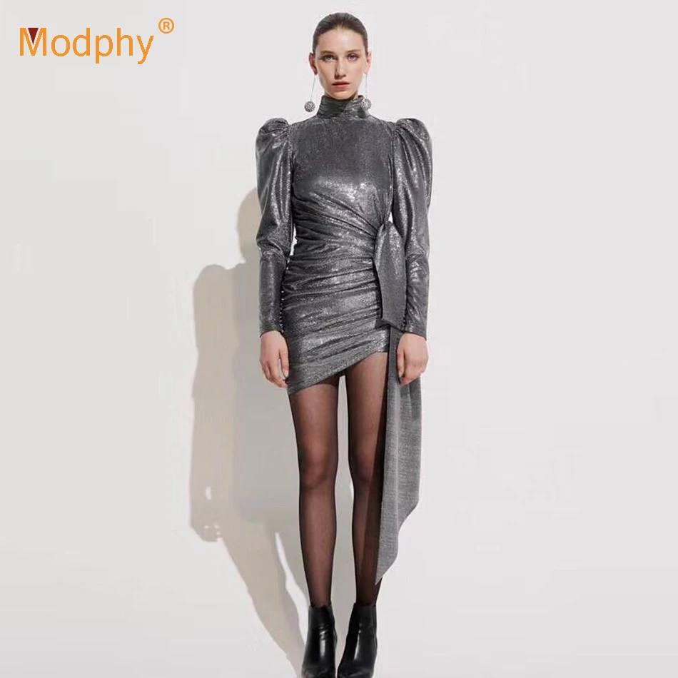 Зимнее модное ДРАПИРОВАННОЕ мини платье женское серебряное с длинным рукавом