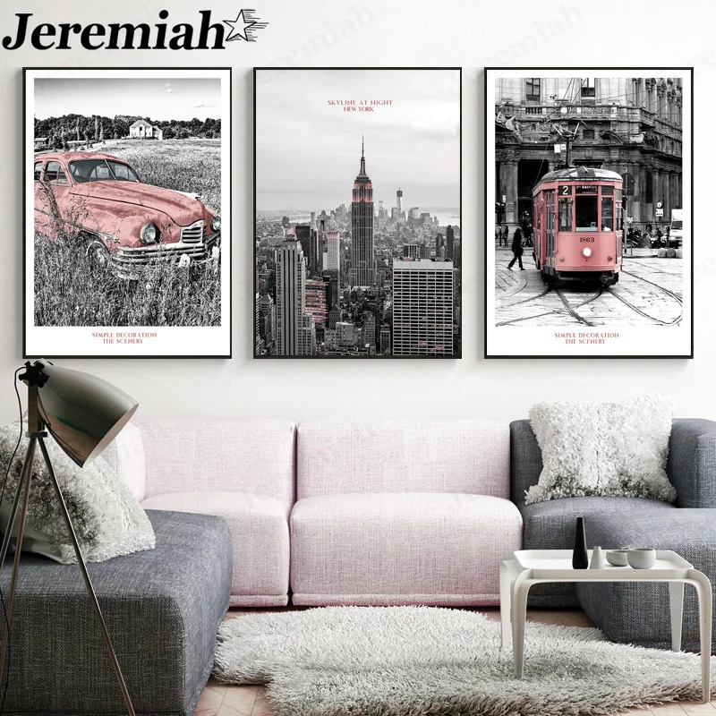

Nordic City Street Canvas Poster Retro New York Tram Bus Painting Wall Art Modern Home Decoration Frameless