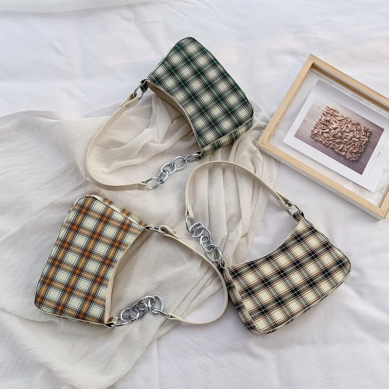 

2021 Spring and Summer New Korean Version of The Trend Grid Bag Quadrille Plaid Vintage Simple One-shoulder Sloping Fairy Bag