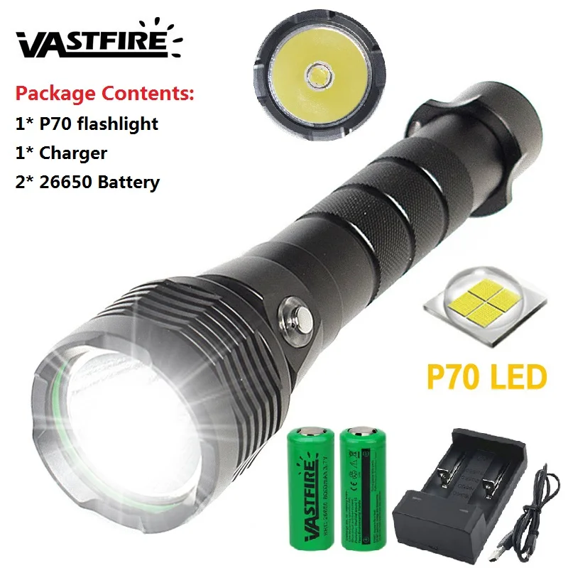 100m Diving torch XHP70 LED waterproof 100m White Light Super Bright flashlight rechargeable battery 26650*2