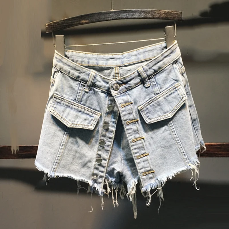 

{DEAT} Women Wide Leg Light Blue Tassel Denim Shorts New High Waist Loose Fit Trousers Fashion Tide Summer autumn 2021 AY033