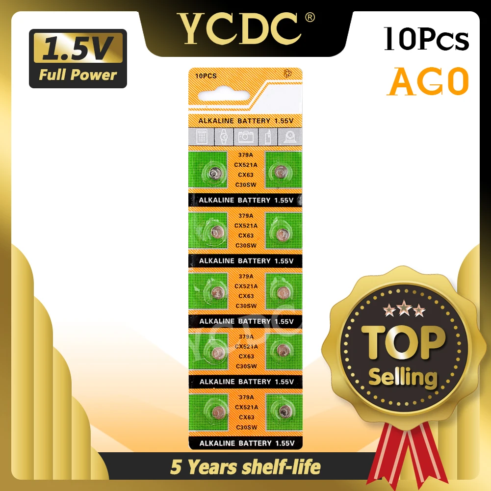 

YCDC Hot selling 10pcs AG0 LR521 379 Button Cell Coin Alkaline Battery 1.55V For Watches Toys EE6201