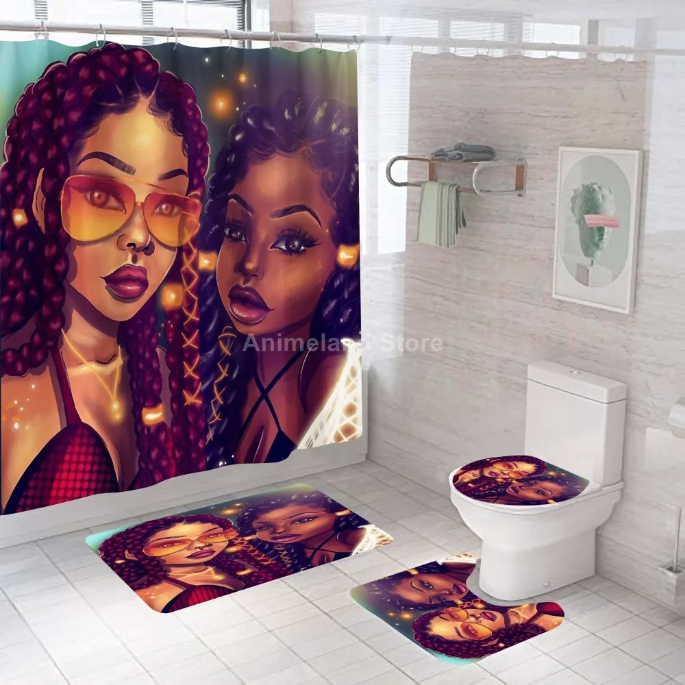 Cool Girl Crown Shower Curtains Black African Style Bathroom Curtain Bath Sets Toilet Cover Mat Non-Slip Washroom Rug Set Gift | Дом и сад