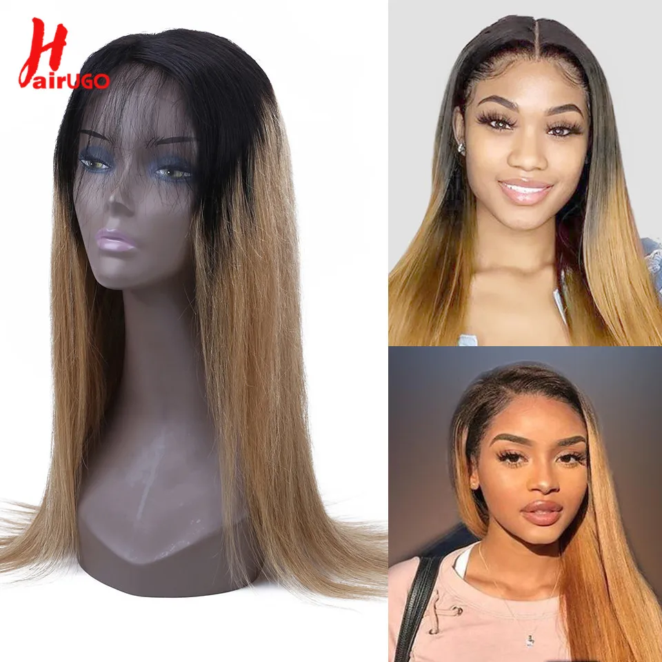 HairUGo Малайзия 1B/27 Ombre прямые человеческие волосы парики бордовый 4*4 Кружева