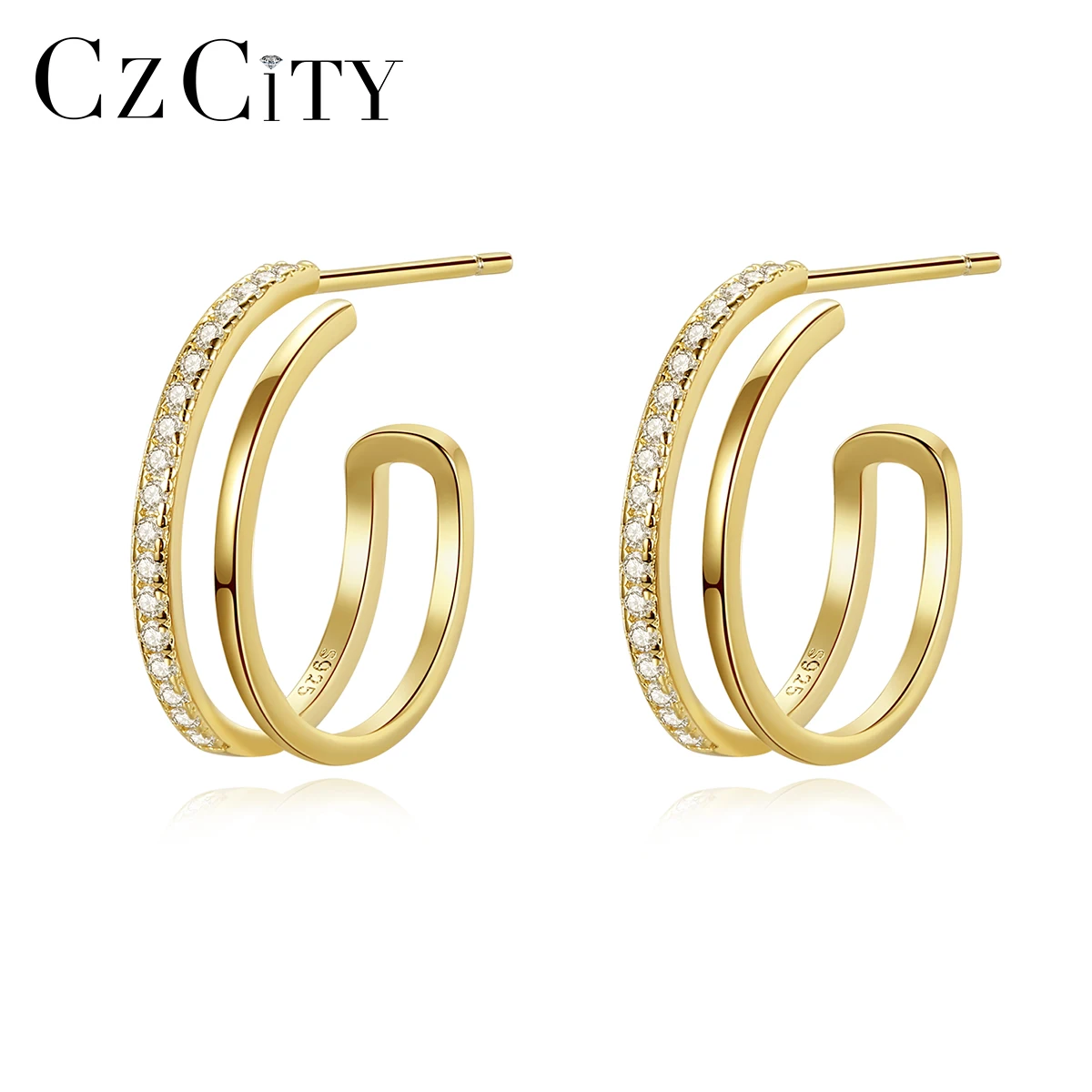 

CZCITY New 925 Sterling Silver Golden Hoop Earrings for Women Fine Jewelry Wedding Engagement Ear Hook Bijoux Femme Brincos Gift