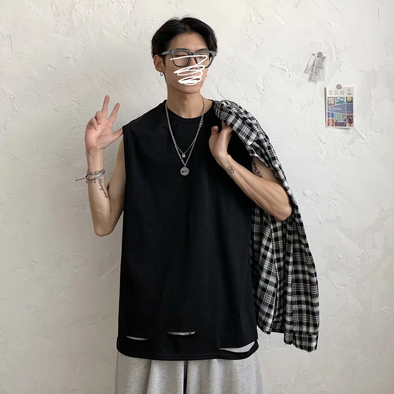 

Summer Chic Ripped Hole Men Tank Solid Loose Sports Breathable Sleeveless Cotton Tshirt Oversized Streetwear Gym Clothing Vest