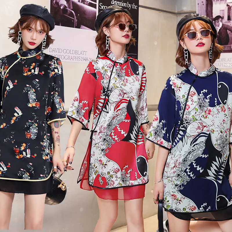 

Chinese Cheongsam Mandarin Collar Elegant Summer Dress Vintage Floral-printed Loose Casual Straight Dresses Cheongsam Fashion