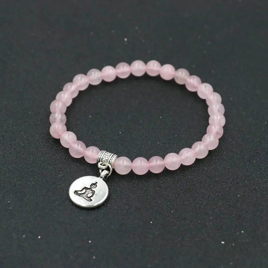 Женский браслет из натурального розового камня женский с имитацией лотоса чакры