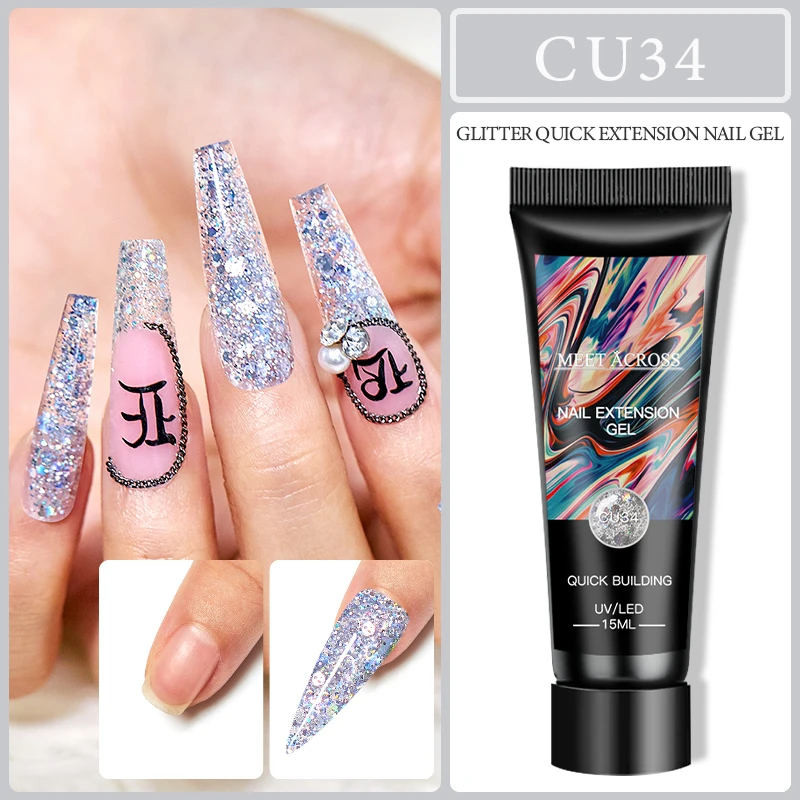 

MEET ACROSS Acrylic Gel For Nail Extension Clear Pink Glitter Quick Finger Extension Soak Off Gel Nail Polish Nails Art Manicure