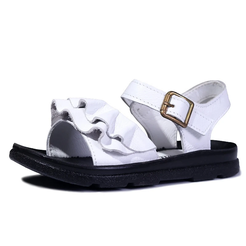 

17-22cm Girls Sandals,Solid Pure Ruffle Genuine Leather Little Girls Princess Summer Shoes,Children Women School Flats Shoes