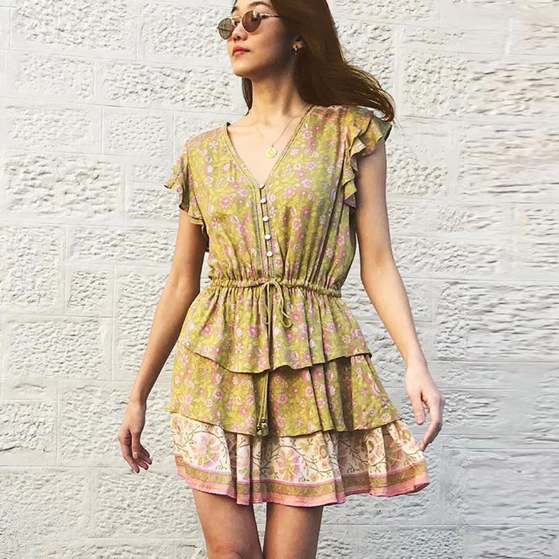 Мини платье TEELYNN 2019 вискозное с цветочным принтом boho платья рюшами и эластичной