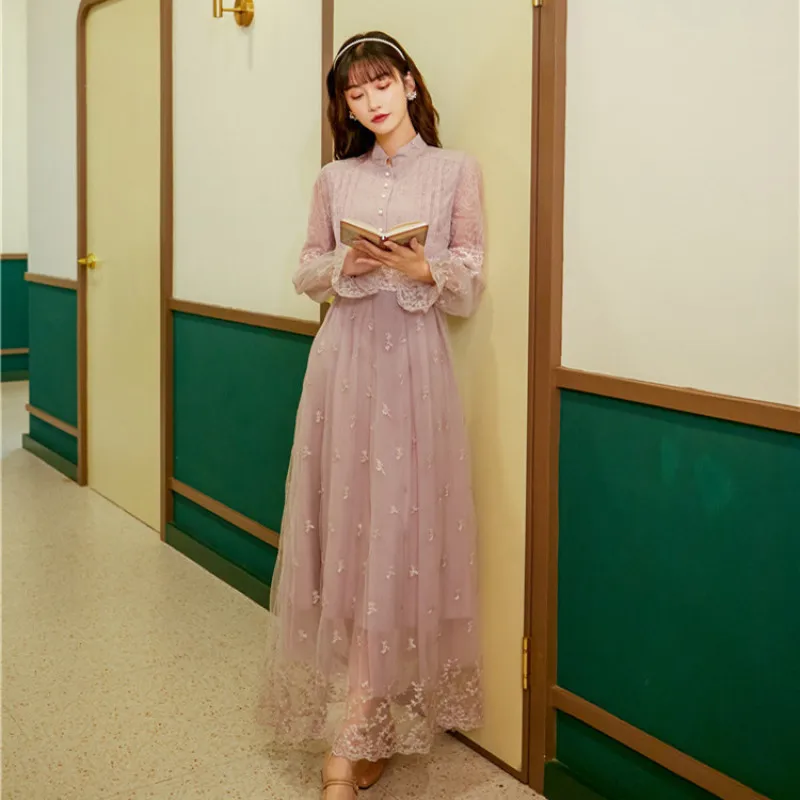 2021 Spring Embroidery Party Dress Lace Long Women Vintage Lady Full Sleeve Evening Elegant Mid-Calf | Женская одежда