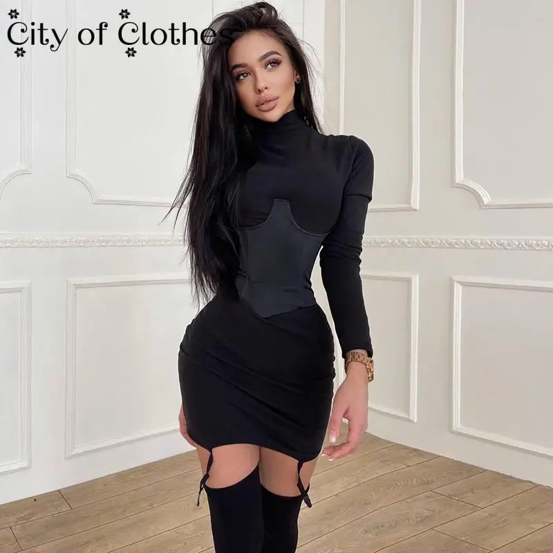 

Women Mini Dresses Corset Elegant Cotton Long Sleeve Turtleneck Bodycon Sexy Female E-Girl Clothing Irregular Vestidos 2021