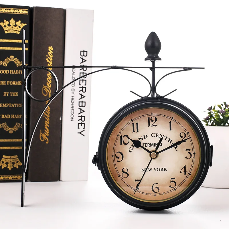 Wrought Iron Antique-Look Round Wall Hanging Double Sided Faces Retro Station Clock Chandelier Wall Hanging Clock silent clock