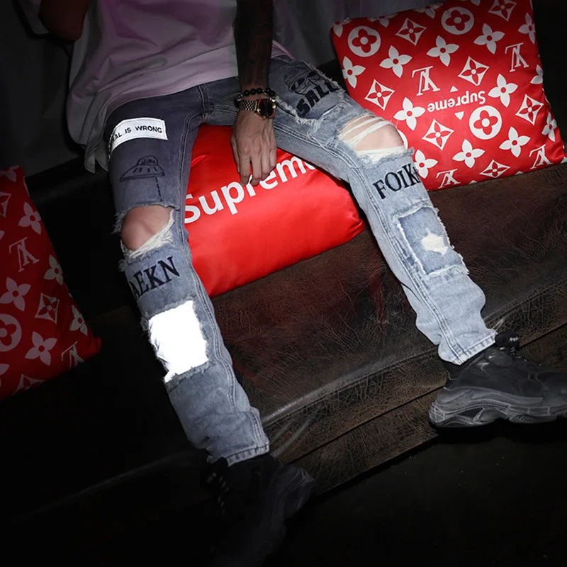 

PYJTRL Autumn Jeans Men's Hole Old Straight Fashion Legged Pants