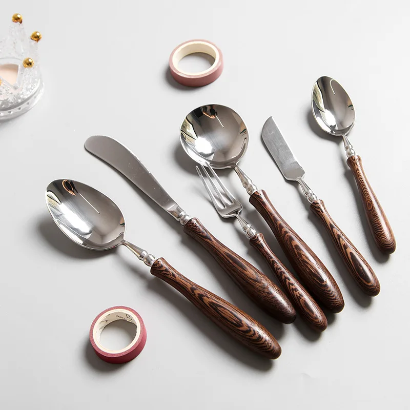 

Stainless steel fork soup spoon knife set With wooden handle kitchen dinnerware travel utensil set silverware flatware set