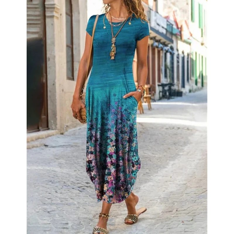 

WEPBEL Dress Women's Casual Loose Dress Summer Fashion Pocket Print Short Sleeve Round-Neck High Waist Dress