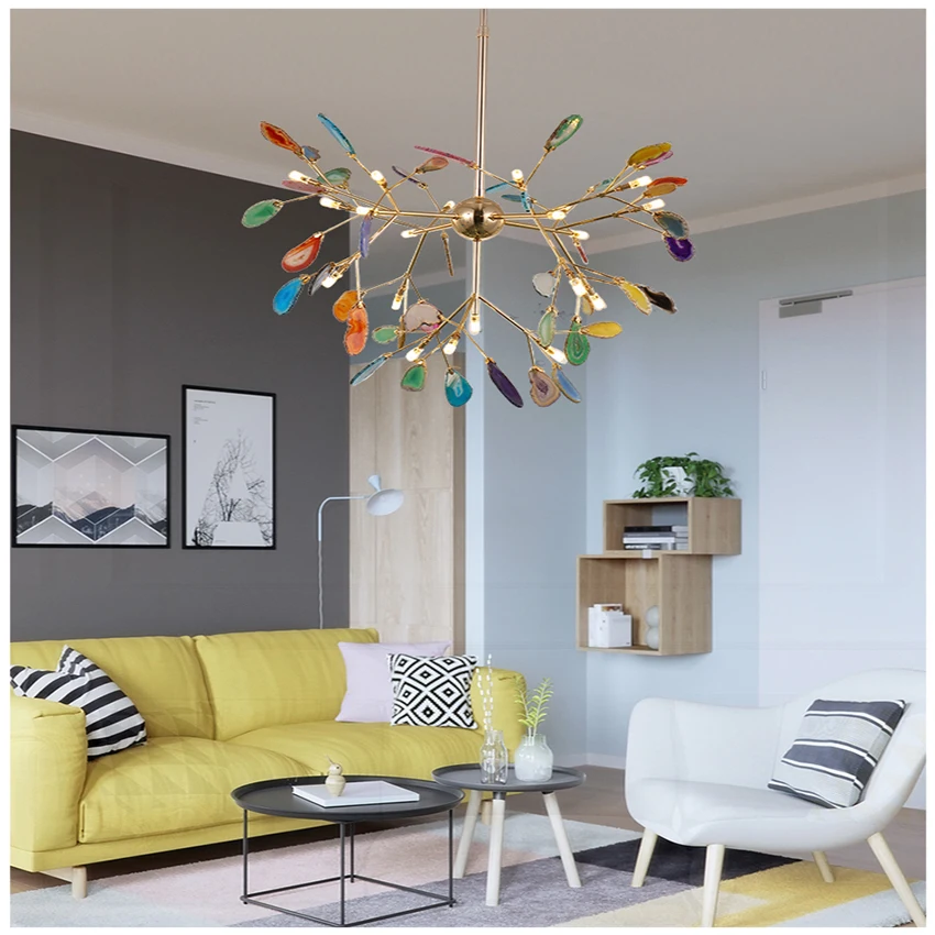 

Светодиодная люстра в стиле пост-модерн, потолочная лампа с цветным агатом, для гостиной, чердака, столовой, комнатное украшение
