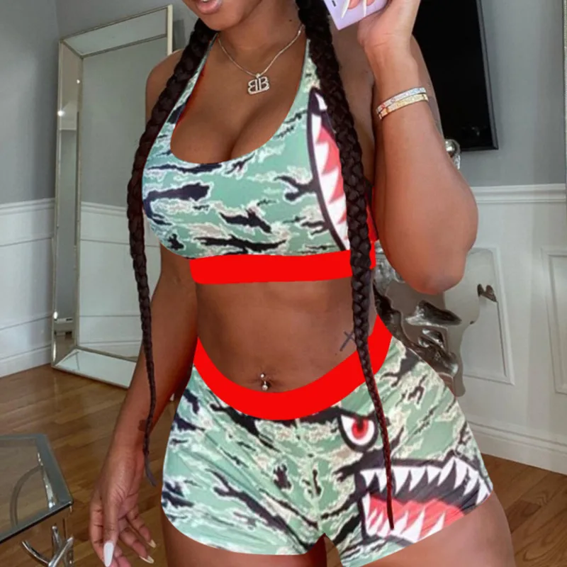 

2021 summer ladies two-piece tight skirt suit sexy outfit hedging women's tank top bodysuit ladies camouflage shorts sportswear
