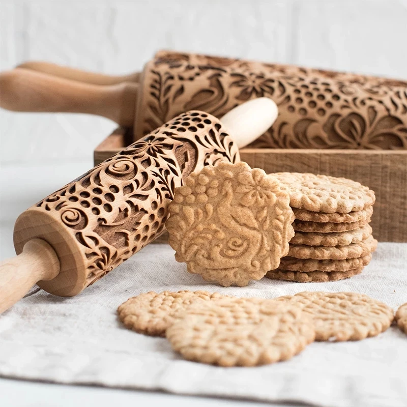 

Christmas Deer Wooden Rolling Pin Dough Stick Baking Cookies Kitchen Pastry Tool Christmas Engraved Carved Embossing Rolling Pin
