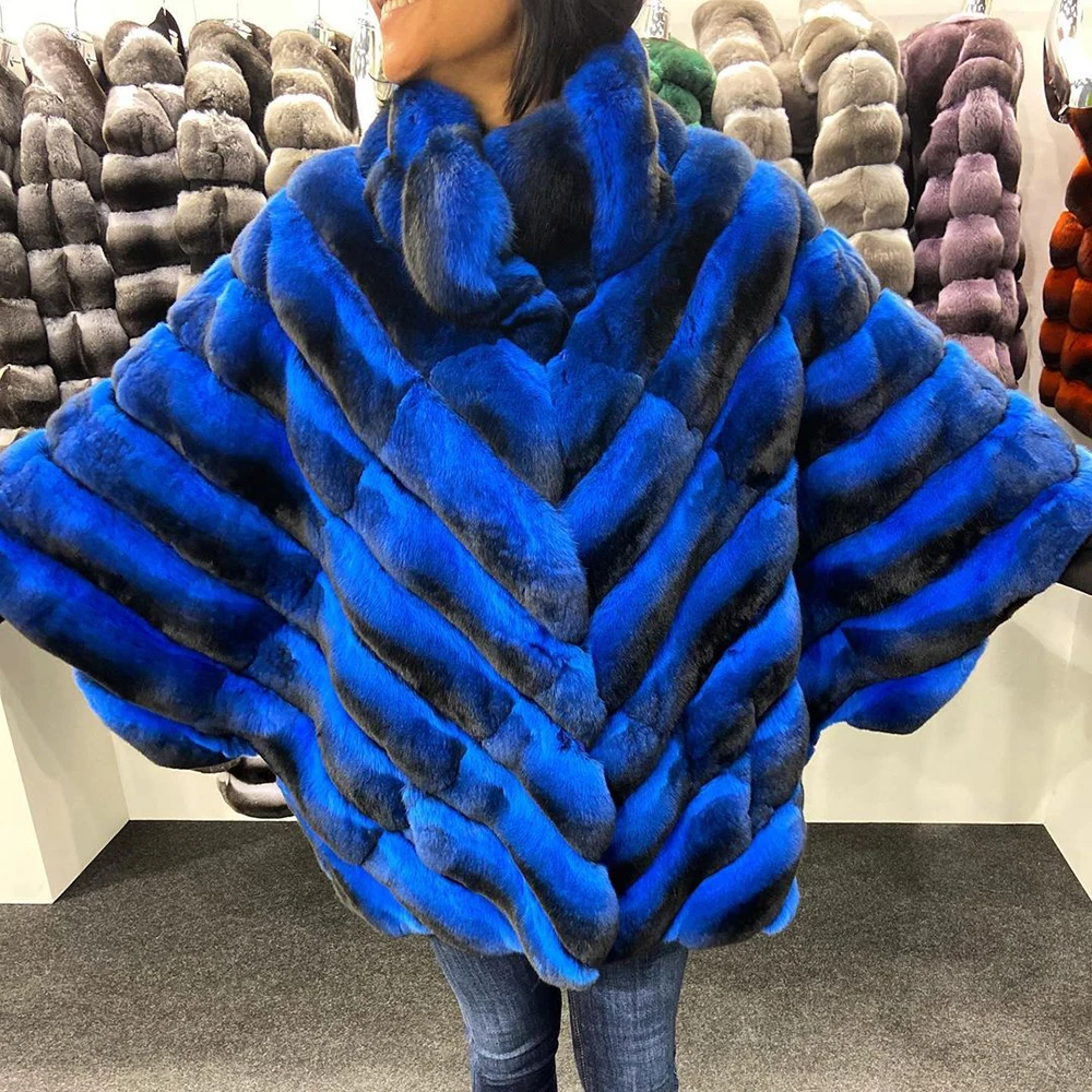 Medium Length Real Rex Rabbit Fur Coat Stand Collar Fashion Royal Blue Genuine Rex Rabbit Fur Jacket With Bat Sleeved Overcoats enlarge