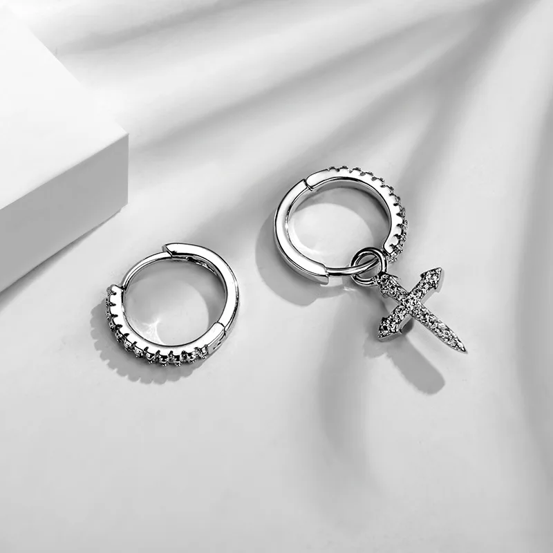 

New Inlaid Zircon Single Small Cross Drop Earrings Female Simple Gender Pin Shape Asymmetrical Ear Ring Jewelry