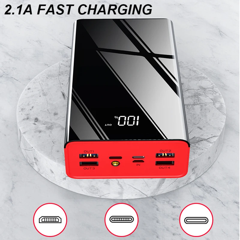 40000mAh зеркало Мощность банк светодиодный цифровой Дисплей 2.1A Быстрая зарядка 4 USB