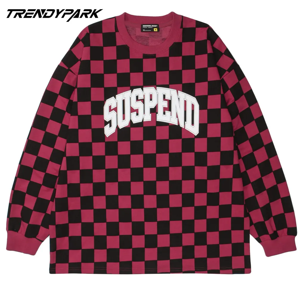 

Men's T-shirt Checked Grid Print Full Sleeve Oversized Hip Hop Streetwear Harajuku Tshirt Autumn Cotton Casual Plaid T Shirt