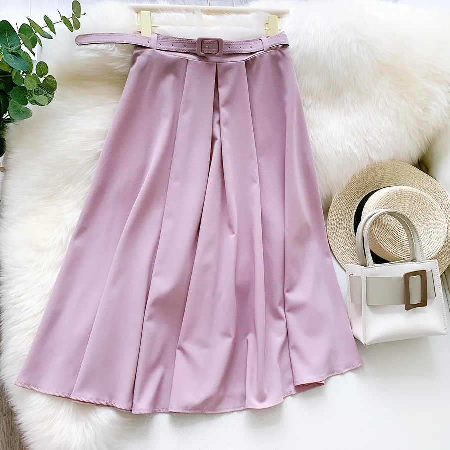 

Skirts Womens 2020 New Summer Ice Silk Draped Suite Skirt Fresh Solid High Waist Long Skirts for Women Elegant A-Line Belt Skirt
