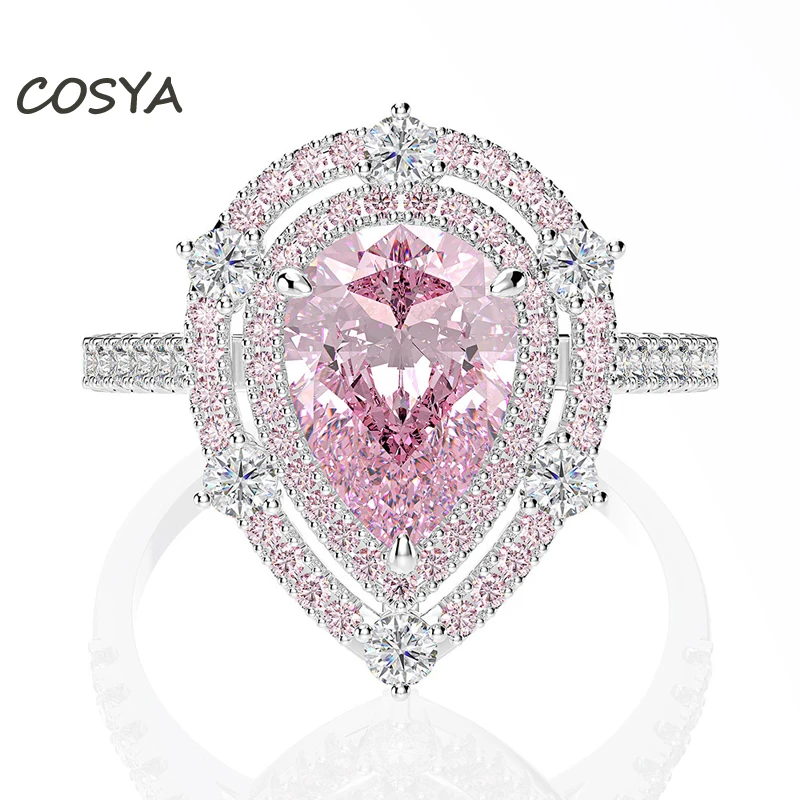 

COSYA 100% 925 Sterling Silver 7*10mm Pink Drop-shaped Zircon Elegant Ring For Women Engagement Party Fine Jewelry Birthday Gift
