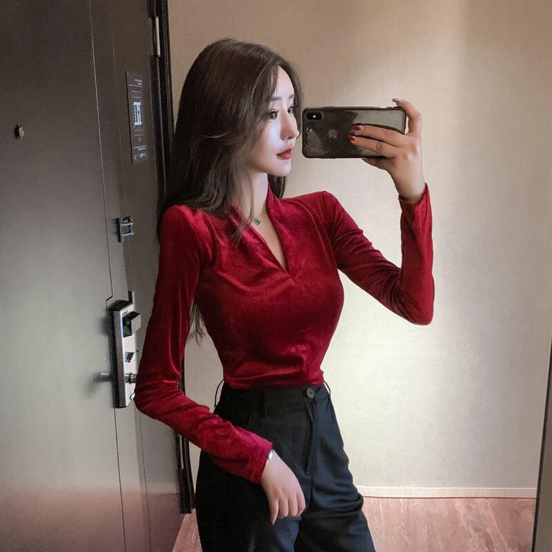 2022 Spring Women V Neck Long Sleeve T Shirt Velour Sexy High Quality Velvet Tops Tees Solid Color Slim T Shirts Burgundy