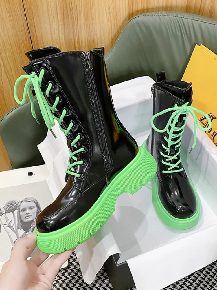 

Autumn Women Mid-Calf Boots 2021 Thick Bottom Rome Style Ankle Boot Women's Fashion Lace Up Platform PU Leather Shoes New