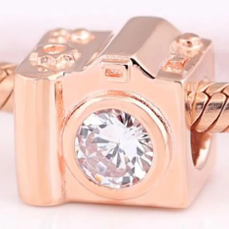

100% 925 Sterling Silver Bead Rose Gold Love Camera Beads Fit Pandora Women Bracelet & Necklace Diy Jewelry