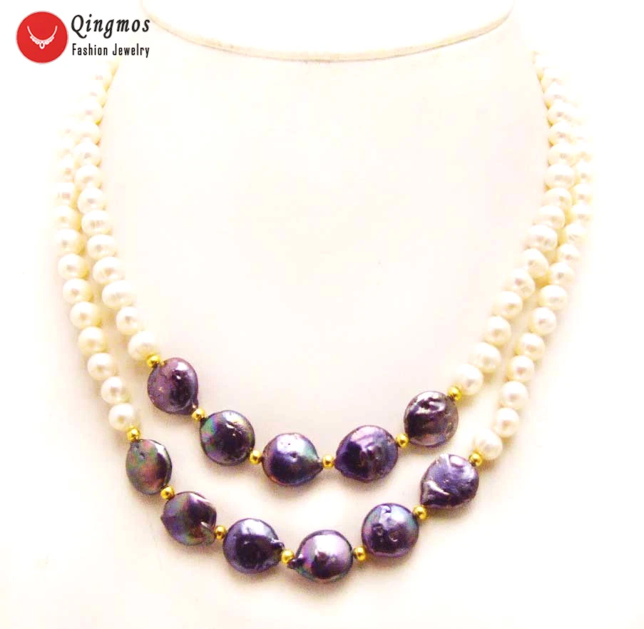 

Qingmos 6-7mm Round Natural White Pearl Necklace for Women with 12-13mm Coin Round Black Pearl Pendant Necklace 2 Strand 17-18''