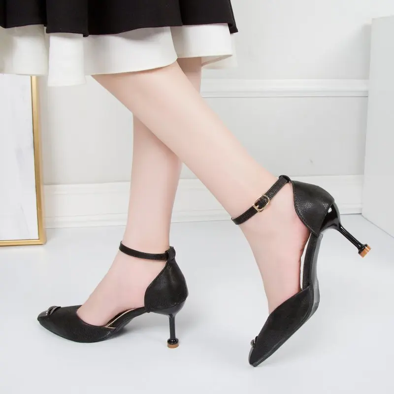 

Female Sandal Retro Woman Shoes High Heels Shallow Mouth 2021 Summer Buckle Strap Girls Stiletto Original High-heeled New Comfor