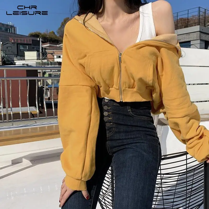 

Женские толстовки CHRLEISURE, однотонный свитшот, спортивный костюм, модная Корейская одежда, повседневный женский короткий топ с длинным рукав...
