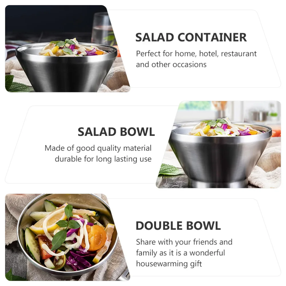 

1pc Double Bowl Western Style Stainless Steel Salad Bowl Noodle Bowl (Silver)