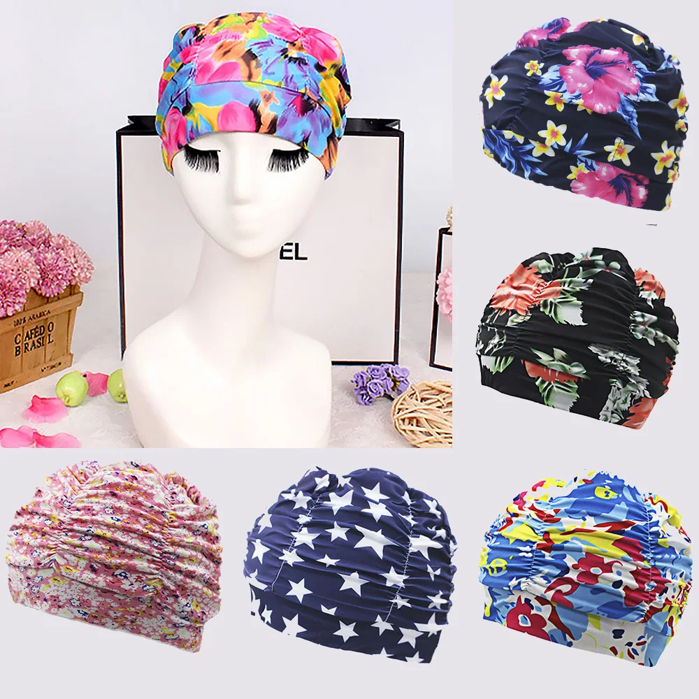 New Womens Stretch Seaside Fold Swim Cap hat Sexy Lady Girls Long Hair Hat Drape Bathing Swimming | Спорт и развлечения