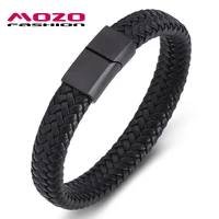 punk men jewelry black braided leather bracelet stainless steel magnetic clasp fashion bangles ps2158