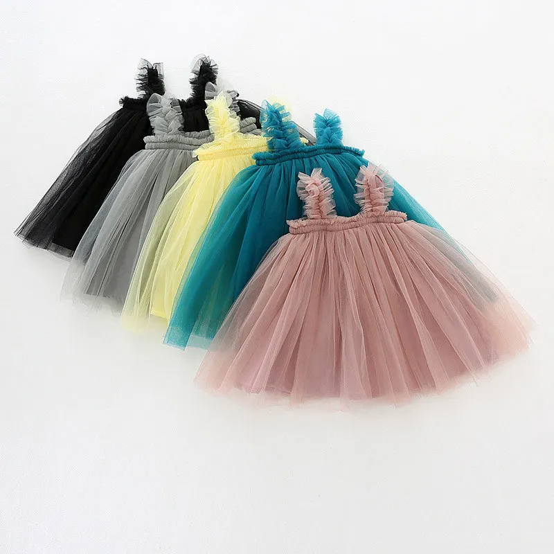 

2021 New Girls Clothes Suspenders Baby Girl Dresses Lovely Side Mesh Princess Dress Tutu Skirt Rainbow Color Gauze Skirt 12M-4Y