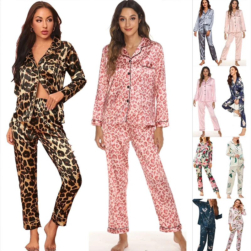 Silk Pajamas Set For Women Sleep Lounge Wear Female Pyjamas Leopard Fashion Lady Long Sleeve+Pants Nightwear Sexy 2022 Spring