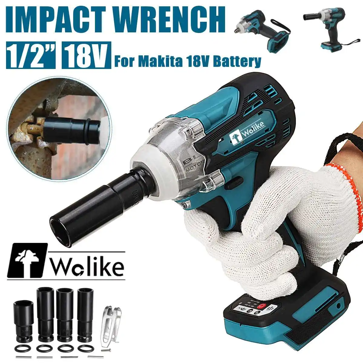 

Wolike бесщеточный Электрический ударный ключ 1/2 Sokect беспроводной ключ 388vf 520NM отвертка электроинструмент для батареи Makita 18V