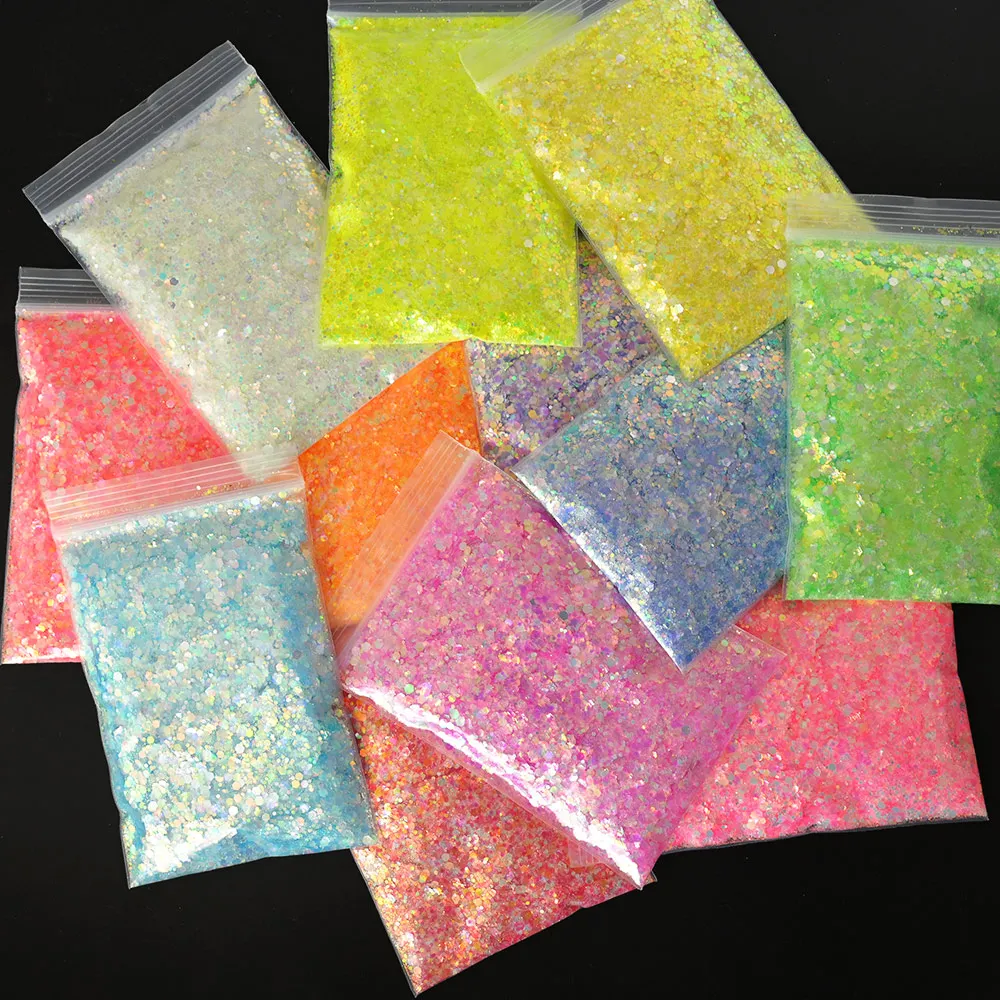 

50g Mixed Sizes Glow In The Dark Glitters Luminous 3D Hexagon Fluorescent Flakes Sequins Chunky Glitters For Nails Manicure Tips