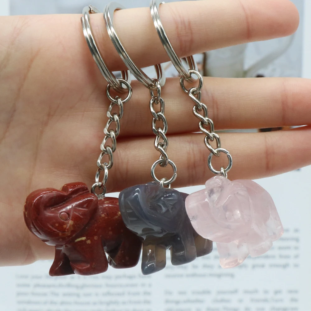 

Natural Semiprecious Elephant Shaped Pendant Keychain Colorful Agate Opal Rose Quartz Schoolbag Hanger Keychain Decoration
